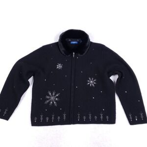 Karen Scott Sport Zip Front Snowflake Jacket XL Black Y2K Glam Holiday Festive